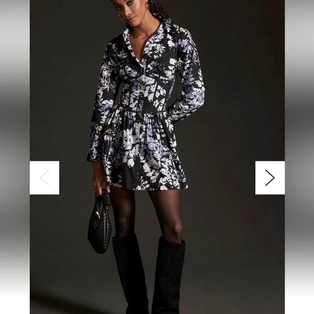 Anthropologie Corset Mini Shirt Dress - Black/White/Purple Floral long sleeve